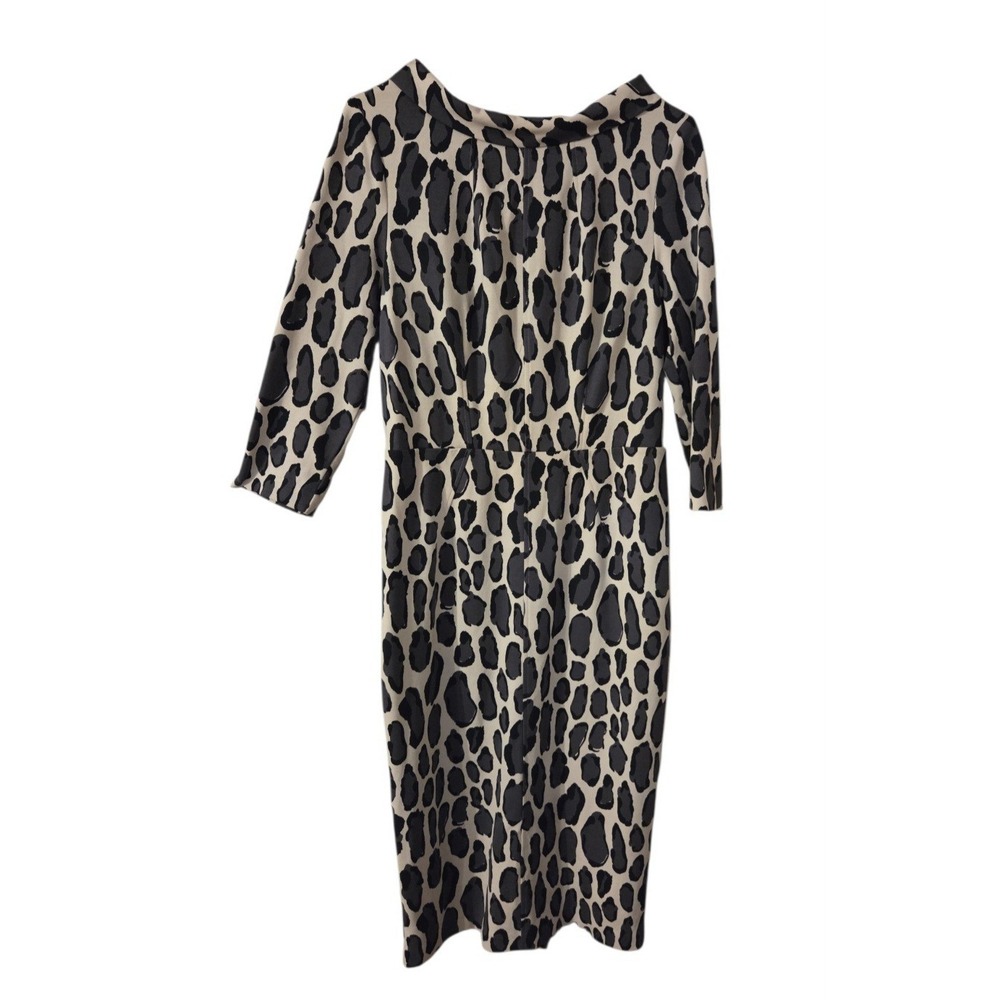 Boden Leopard Print 3/4-Sleeve Gray Cream Mock-Boat-Neck Marisa Midi Dress 12L - Picture 4 of 8